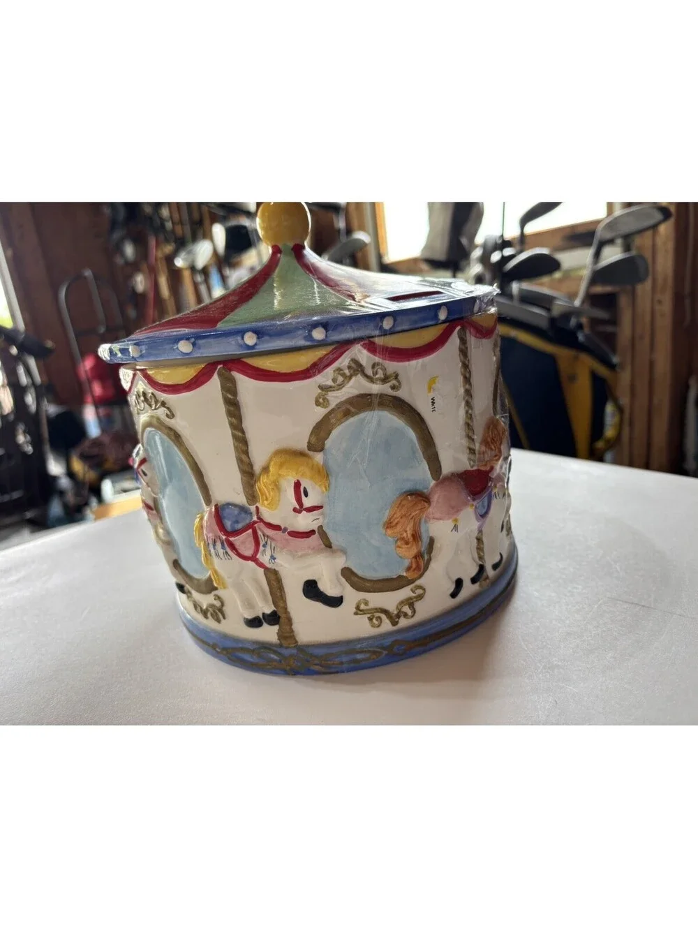 Merry-Go-Round Horse Cookie Jar Storage Container Colorful Ceramic  Circus (M)